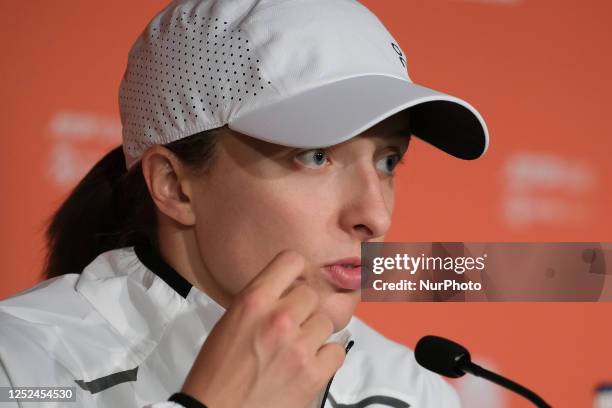 Iga Swiatek of Poland seen during a press conference on day seven of the Mutua Madrid Open at La Caja Magica. On April 30, 2023 in Madrid, Spain