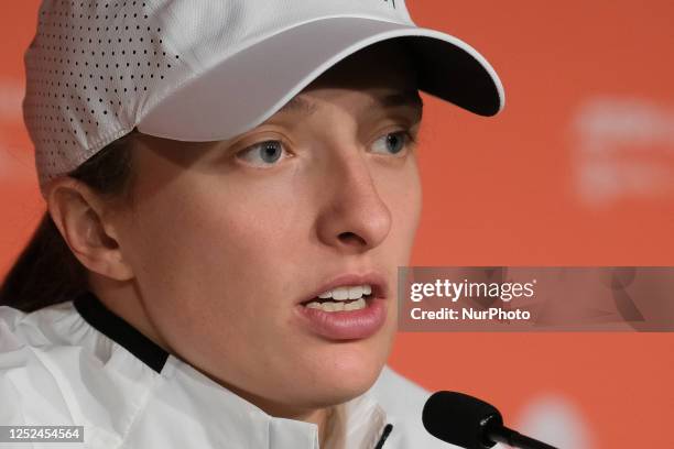 Iga Swiatek of Poland seen during a press conference on day seven of the Mutua Madrid Open at La Caja Magica. On April 30, 2023 in Madrid, Spain