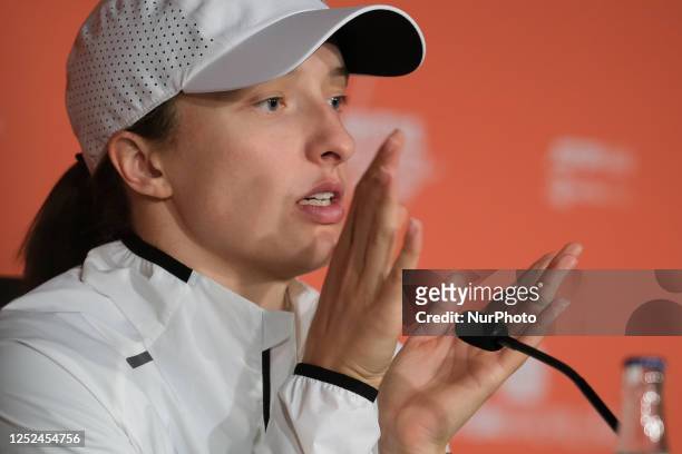 Iga Swiatek of Poland seen during a press conference on day seven of the Mutua Madrid Open at La Caja Magica. On April 30, 2023 in Madrid, Spain