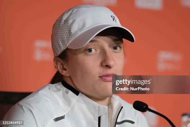 Iga Swiatek of Poland seen during a press conference on day seven of the Mutua Madrid Open at La Caja Magica. On April 30, 2023 in Madrid, Spain