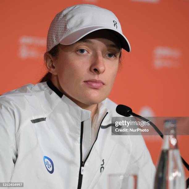 Iga Swiatek of Poland seen during a press conference on day seven of the Mutua Madrid Open at La Caja Magica. On April 30, 2023 in Madrid, Spain