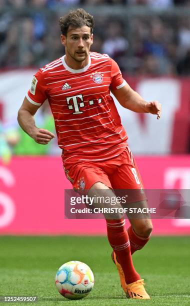 Bayern Munich's German midfielder Leon Goretzka plays the ball during the German first division Bundesliga football match between FC Bayern Munich...