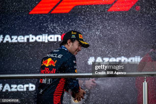 Sergio Perez, Red Bull Racing RB19 during the podium ceremony after the Azerbaijan Grand Prix at Baku City Circuit on Sunday April 30, 2023 in Baku,...