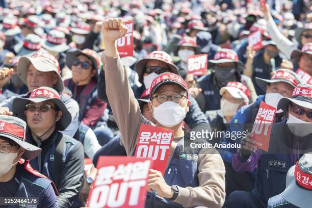 Members of Korean Trade Unions held rallies at Gwanghwamun Square on International Workers' Day, protesting against labor reforms pursued by the Yoon...