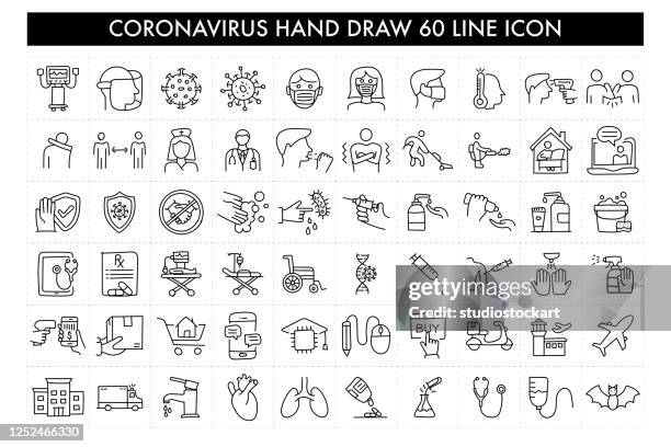 ilustrações, clipart, desenhos animados e ícones de coronavirus hand draw 60 ícone de linha - vestuário de proteção