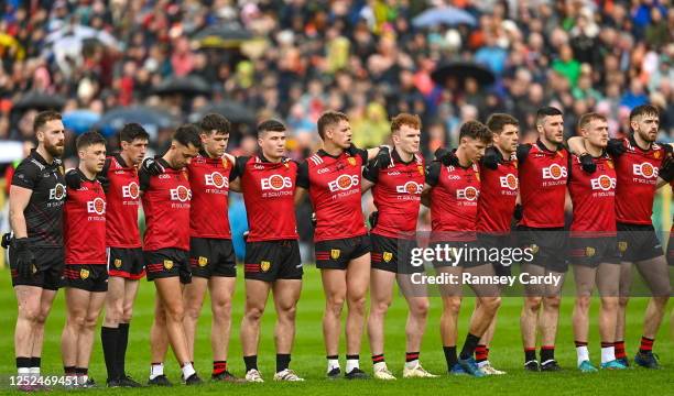 Monaghan , Ireland - 30 April 2023; The Down team during the playing of the National Anthem before the Ulster GAA Football Senior Championship Semi...