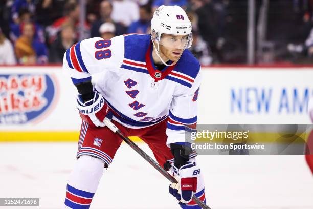 New York Rangers right wing Patrick Kane looks on during the National Hockey League game between the New York Rangers and the New Jersey Devils on...