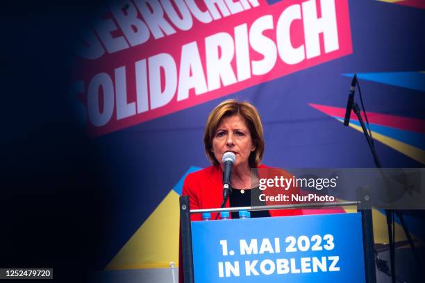 Malu Dreyer,prime minister of Rhineland-Palatinate, speaks during the traditional Labor day demo which is organized by the Geran Federation of Trade...