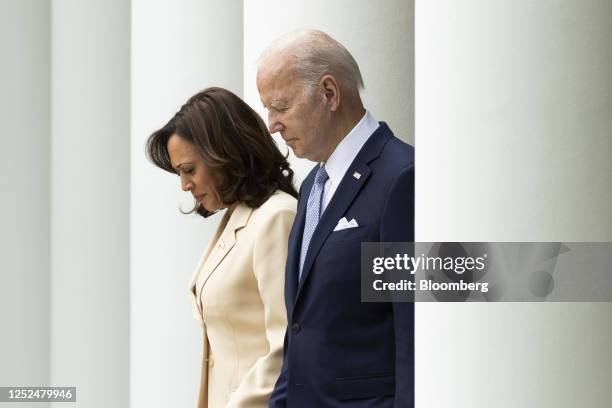 President Joe Biden, right, and US Vice President Kamala Harris arrive to a National Small Business Week event in the Rose Garden of the White House...