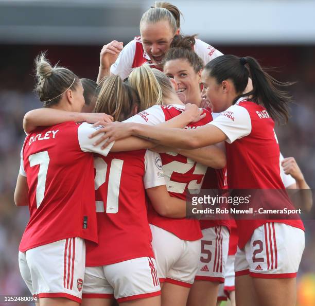 Arsenal Women's Stina Blackstenius celebrates scoring her side's first goal during the UEFA Women's Champions League semifinal 2nd leg match between...