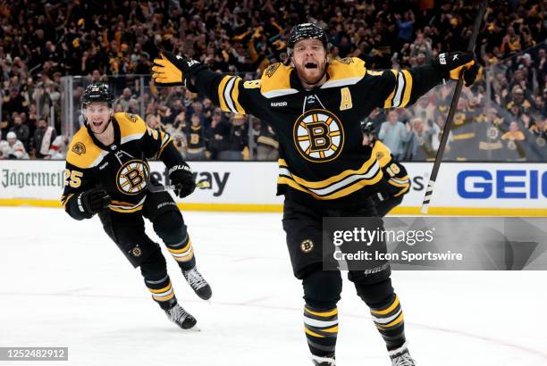 Boston Bruins right wing David Pastrnak celebrates his goal during Game 7 of an Eastern Conference First Round playoff contest between the Boston...