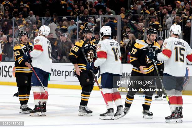 Hands are shaken after Game 7 of an Eastern Conference First Round playoff contest between the Boston Bruins and the Florida Panthers on April 30 at...