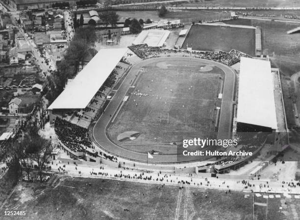 Olympic Rugby competition at the Colombes Stadium in Paris. An aerial view of the game between the USA and Romania. The Americans won by 37 points to...