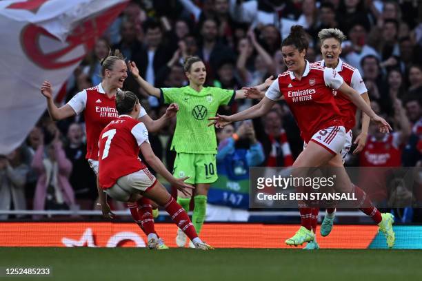 Arsenal's Scottish defender Jennifer Beattie celebrates after her team second goal during the UEFA Women's Champions League semi-final second-leg...
