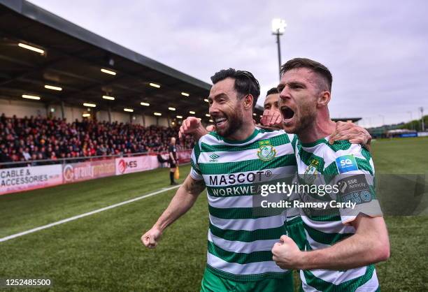 Northern Ireland , United Kingdom - 1 May 2023; Richie Towell of Shamrock Rovers celebrates with Jack Byrne, right, after scoring their side's first...