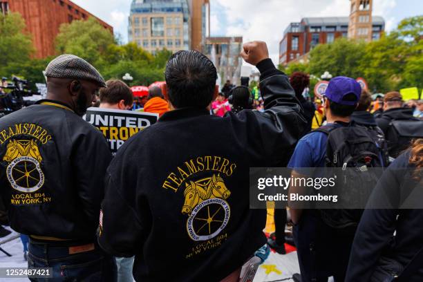 Teamsters members during a May Day protest for workers' rights in New York, US, on Monday, May 1, 2023. Workers and supporters rallied on...