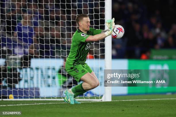 Jordan Pickford of Everton saves the penalty of James Maddison of Leicester City during the Premier League match between Leicester City and Everton...