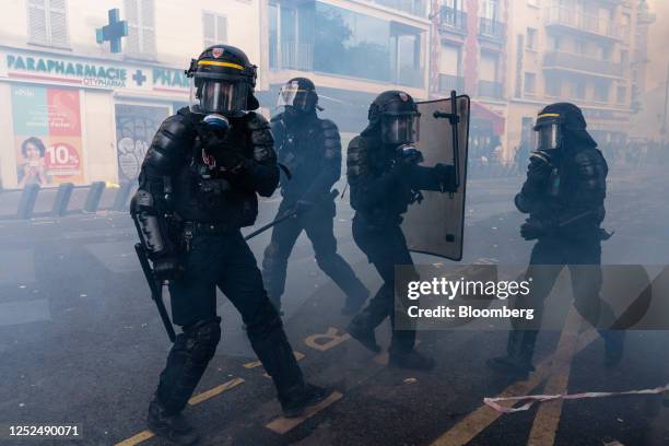 Riot police during a demonstration against pension reform in central Paris, France, on Monday, May 1, 2023. Anger over President Emmanuel...