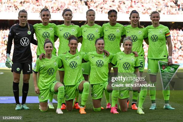 Wolfsburg's team players pose for photographs prior to the UEFA Women's Champions League semi-final second-leg match between Arsenal and Wolfsburg at...