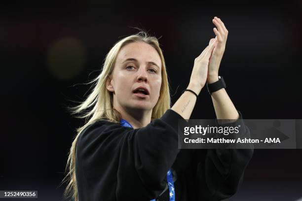 The injured Beth Mead of Arsenal Women after losing 2-3 in the second leg and 4-5 on aggregate during the UEFA Women's Champions League semifinal 2nd...
