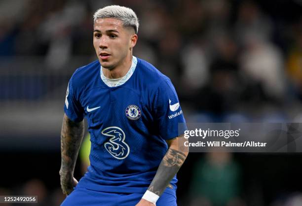 Enzo Fernandez of Chelsea in action during the UEFA Champions League Quarterfinal First Leg match between Real Madrid and Chelsea FC at Estadio...