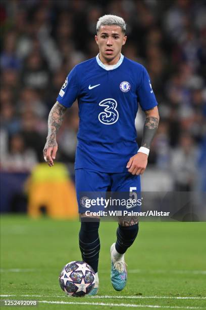 Enzo Fernandez of Chelsea on the ball during the UEFA Champions League Quarterfinal First Leg match between Real Madrid and Chelsea FC at Estadio...