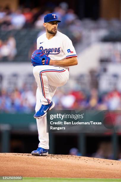 Nathan Eovaldi of the Texas Rangers delivers a pitch during a game against the Kansas City Royals at Globe Life Field on April 12, 2023 in Arlington,...