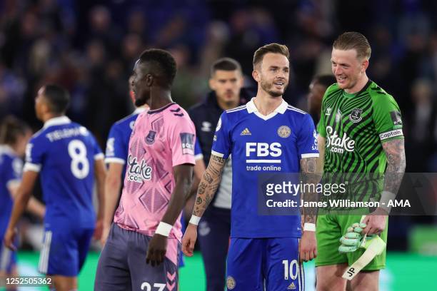 James Maddison of Leicester City and Jordan Pickford of Everton at full time of the Premier League match between Leicester City and Everton FC at The...