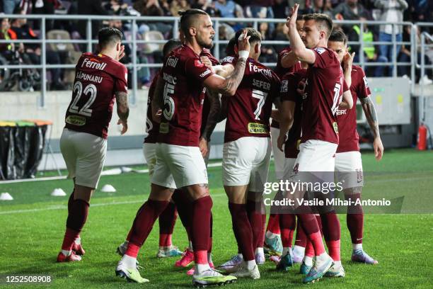 Marko Dugandzic of Rapid Bucuresti celebrates the goal scored with his teammate Mattias Kait during the Round 6 of Liga 1 Romania Play-off match...