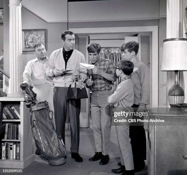 My Three Sons. A CBS television family sitcom. Episode, The Awkward Age. Originally broadcast December 1, 1966. Pictured from left is William...