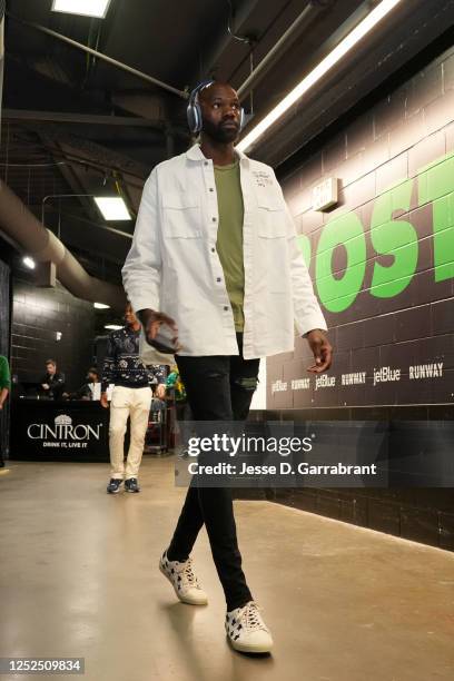 Dewayne Dedmon of the Philadelphia 76ers arrives to the arena before the game against the Boston Celtics during Round 2 Game 1 of the 2023 NBA...