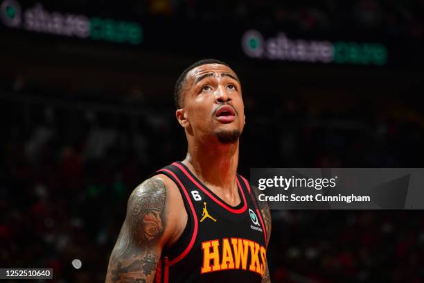 John Collins of the Atlanta Hawks looks on during the game against the Boston Celtics during Round One Game Six of the 2023 NBA Playoffs on April 27,...