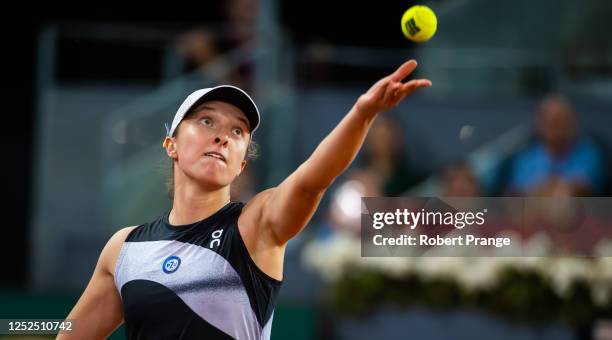 Iga Swiatek of Poland in action against Ekaterina Alexandrova of Russia in the fourth round on Day Eight of the Mutua Madrid Open at La Caja Magica...