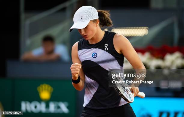 Iga Swiatek of Poland in action against Ekaterina Alexandrova of Russia in the fourth round on Day Eight of the Mutua Madrid Open at La Caja Magica...