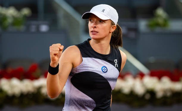Iga Swiatek of Poland in action against Ekaterina Alexandrova of Russia in the fourth round on Day Eight of the Mutua Madrid Open at La Caja Magica...