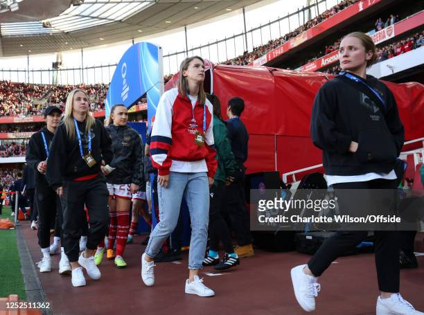 Injured Arsenal players Beth Mead, Vivienne Miedema and Kim little during the UEFA Women's Champions League semifinal 2nd leg match between Arsenal...