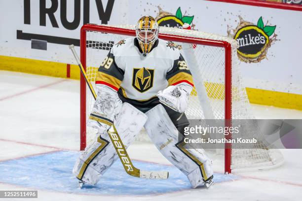 Goaltender Laurent Brossoit of the Vegas Golden Knights guards the net during second period action against the Winnipeg Jets in Game Four of the...