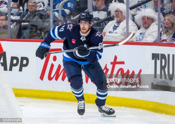 Pierre-Luc Dubois of the Winnipeg Jets skates during second period action against the Vegas Golden Knights in Game Four of the First Round of the...