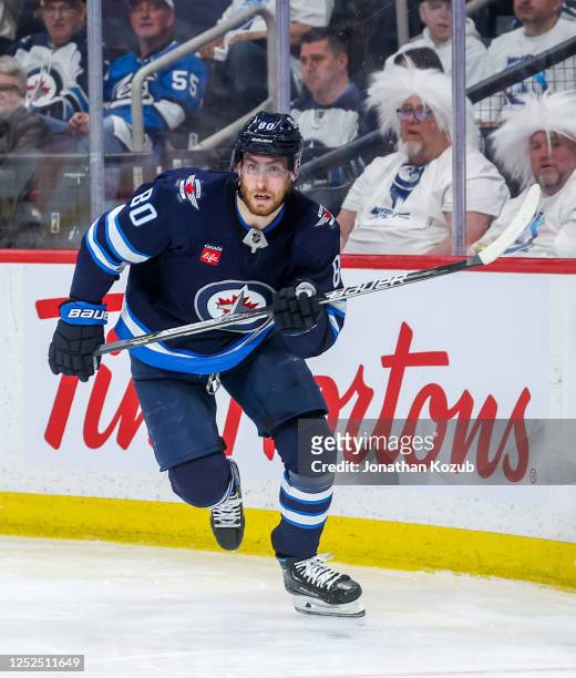 Pierre-Luc Dubois of the Winnipeg Jets skates during second period action against the Vegas Golden Knights in Game Four of the First Round of the...
