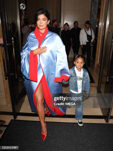 Kylie Jenner and Stormi Webster are seen leaving their hotel on May 01, 2023 in New York City.