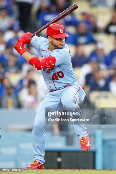 St. Louis Cardinals catcher Willson Contreras waits for the pitch during a regular season game between the St. Louis Cardinals and Los Angeles...