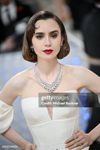 Lily Collins at the 2023 Met Gala: Karl Lagerfeld: A Line of Beauty held at the Metropolitan Museum of Art on May 1, 2023 in New York, New York.