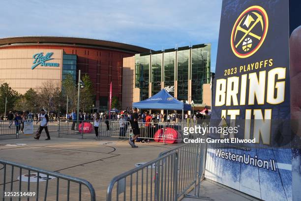 An exterior view of the Ball Arena before Game Two of the Western Conference Semi-Finals of the 2023 NBA Playoffs between the Phoenix Suns and the...