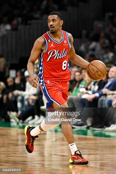 De'Anthony Melton of the Philadelphia 76ers dribbles the ball during the game against the Boston Celtics during Round 2 Game 1 of the 2023 NBA...