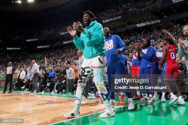 Joel Embiid of the Philadelphia 76ers celebrates a play during the game against the Boston Celtics during Round 2 Game 1 of the 2023 NBA Playoffs on...