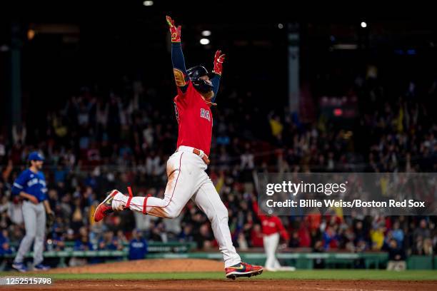 Alex Verdugo of the Boston Red Sox hits a game-winning walk-off solo home run in the ninth inning against the Toronto Blue Jays on May 1, 2023 at...