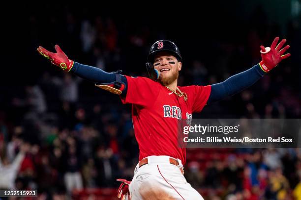 Alex Verdugo of the Boston Red Sox hits a game-winning walk-off solo home run in the ninth inning against the Toronto Blue Jays on May 1, 2023 at...