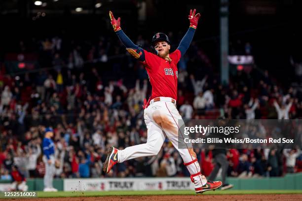 Alex Verdugo of the Boston Red Sox hits a game-winning walk-off solo home run in the ninth inning against the Toronto Blue Jays on May 1, 2023 at...