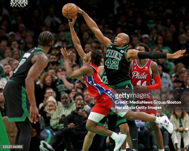 Al Horford of the Boston Celtics keeps Tyrese Maxey of the Philadelphia 76ers from scoring during the second half of Game 1 of the NBA Eastern...