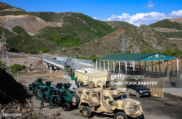 View of an Azerbaijani checkpoint recently set up at the entry of the Lachin corridor, the Armenian-populated breakaway Nagorno-Karabakh region's...